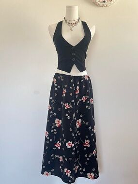 vintage whimsical goth Floral Black Midi Skirt